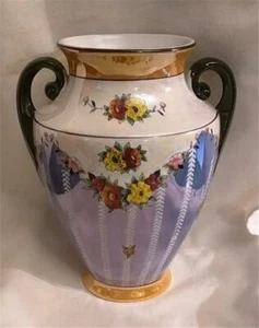 Noritake Art Deco Vintage Luster Vase Blue Resist Pattern HP Flowers Large Size - Picture 1 of 5