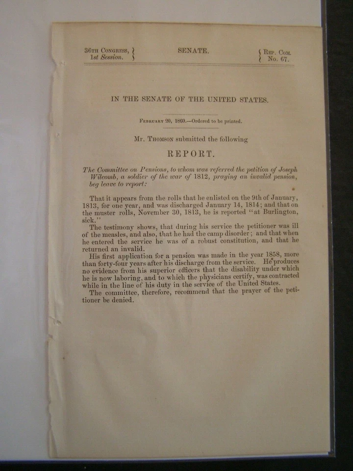 Government Report 1860 Joseph Wilcomb Soldier of the War of 1812 Pension - Image 1 of 1