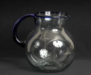 Hand Blown XL Clear Glass Pitcher Cobalt Blue Rim Handle Pontil Scar Mexico - Picture 1 of 6