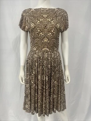 Vintage 60s Bespoke Tailored Jersey Brown Graphic Classic Day Play Dress S/M - Image 1 of 4