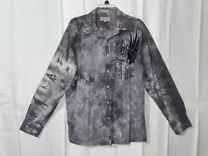 Y2K Herren Large grau Aquarell Batik Knopfleiste Hemd Cyber Goth Schwert Flügel - Bild 1 von 20