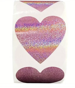 Pink Holographic Heart Stickers 2.5cm 50/100pc Party Engagement Wedding Seal Tag - Picture 1 of 2
