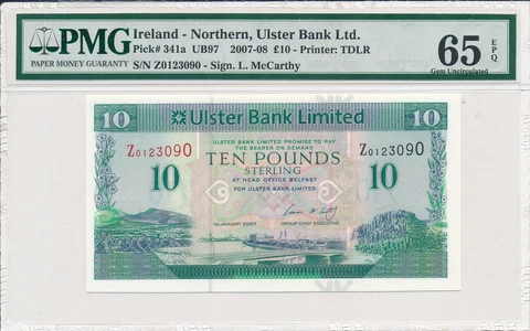 Ulster Bank Ltd Ireland - Northern  10 Pounds 2007 S/No 01230x0 PMG  65EPQ Cover