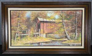 Hielene Furlong, Indiana puente cubierto río paisaje pintura al óleo 15" x 30" - Imagen 1 de 10