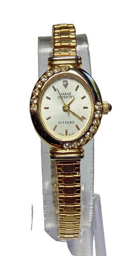 Sarah Coventry Supreme Orologio Vintage Bracciale Ovale Oro Lunetta Gemmata Batteria Nuova