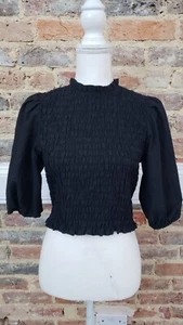 H&M Ladies Balloon Sleeve Crop Black Blouse Uk 14 - Picture 1 of 6