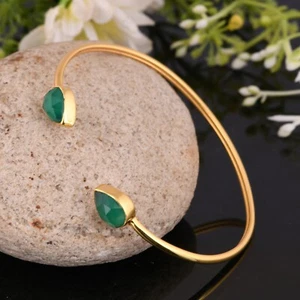 Pear green onyx adjustable bangle silver gold plated double stone cuff bracelet - Picture 1 of 8