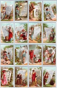 JUEGO/16 TARJETAS COLECCIONABLES VICTORIANAS FRANCESAS DE 1880 PERIÓDICOS REFERENCIAS CULTURALES - Imagen 1 de 18