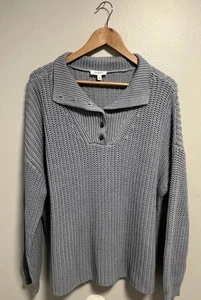 Haven Well Within Womens Fisherman Sweater Button Up Mock Neck Blue Size XL - Picture 1 of 8