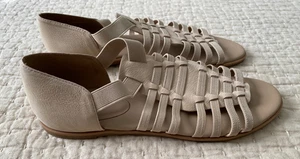 Eileen Fisher Rato hellbraune Nubuk Gladiator offene Zehenpartie Slipper flache Schuhe Größe 8,5 Stretch - Bild 1 von 9