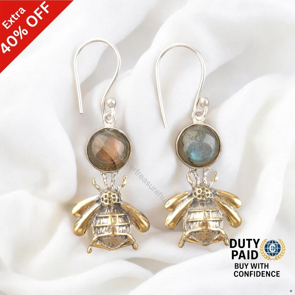 Oferta de Año Nuevo Labradorita Natural Hermana Pendientes Colgantes Plata de Ley Foto 1 de 4