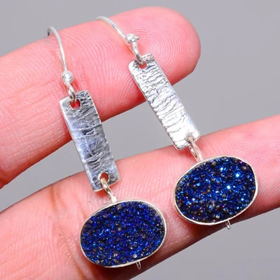 Titanium Blue Agate Drusy 925 Sterling Silver Israeli Handmade Earring 1.95" A38 - Image 1 of 4