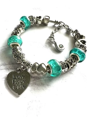 Pulsera Turquesa Love Hope Cure Estilo Europeo Dije Se Ajusta a Tallas 6.75-7.75 Foto 1 de 4