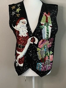 Vintage JC 001 USA Sequin Christmas Vest Holiday Party Sparkly Trees Black M - Picture 1 of 10