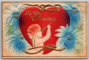 Vtg To My Valentine Greeting Heavy Embossed Red Heart Cupid Gold Gilt Postcard - Picture 1 of 2