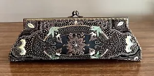 Moyna Couture Black Satin, Hand-Beaded, Multicolored Swarovski Crystal Clutch - Picture 1 of 8