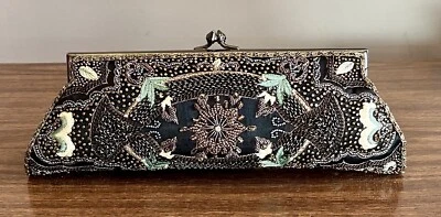 Moyna Couture Black Satin, Hand-Beaded, Multicolored Swarovski Crystal Clutch - Image 1 of 4