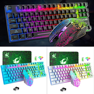US Rechargeable Wireless Gaming Keyboard Mouse Combo 87 Key Rainbow LED Backlit  - Image 1 of 4