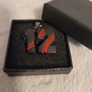Baseball Number Necklace for Boy #12 Jersey Number Stainless Black/Red - Picture 1 of 4