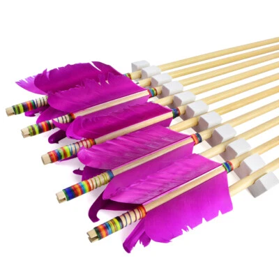 6pcs Archery Flu-Flu Wooden Arrows 4 Turkey Feathers Traditional Bow Hunting - Image 1 of 4