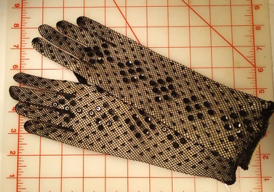 Well Made Vintage MIDDY Gloves Black Stretch Fishnet Hand Stitched Sequins Beads - Image 1 of 4