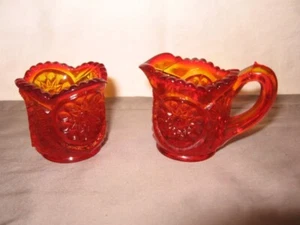 LE Smith Miniature Sugar & Creamer Orange/Yellow Carnival Glass VGC - Picture 1 of 4