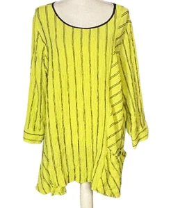 Ali Miles Tunic Size 1X Striped Yellow Artsy Pocket Button Lagenlook Corpcore - Picture 1 of 8