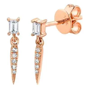 Aretes baguette de oro rosa de 14 quilates con espiga de diamantes colgantes daga natural de 0,11 quilates - Imagen 1 de 2