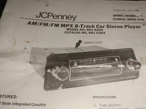 Vintage JC Penny Car Stereo 981-0202 AM-FM 8 Track Deck Owners Service Manual - Picture 1 of 6