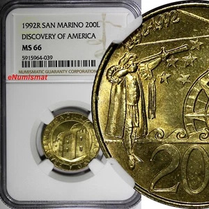 San Marino 1992 R 200 Lire Discovery of America NGC MS66 TOP GRADED KM# 285 (39) - Picture 1 of 4