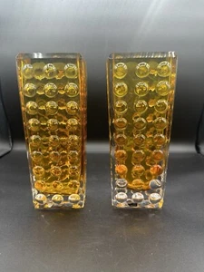 Bengt Edenfalk Skruf Clear Topaz Cased Heavy Glass Vases Circle Knob Scandinavia - Picture 1 of 10