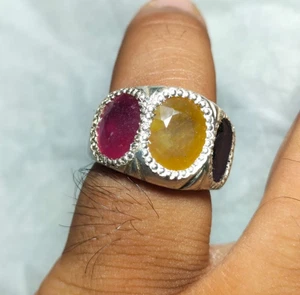 Blue Sapphire Yellow Sapphire & Red Ruby Stones Ring Multi Color Stones Ring - Picture 1 of 4