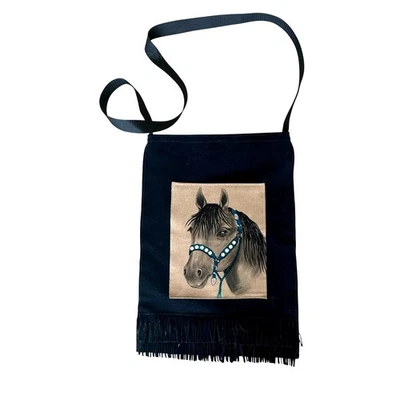 Bolso Bandolera Western Negro Pintado a Mano Caballo Niña Vaquera Gamuza Flecos 11x15 Foto 1 de 4