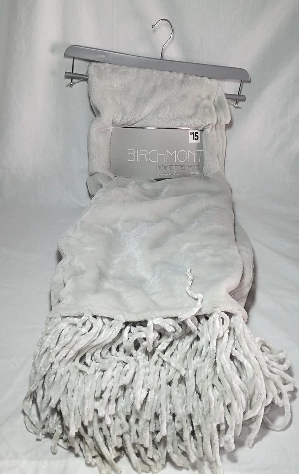 New Birchmont Velvet Throw Fringe Gray Blanket College Travel Cozycore Silver - Image 1 of 4