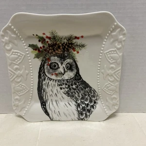 Christmas Owl with Mistletoe Curved Handle Porcelain Square Salad Plate - Picture 1 of 4