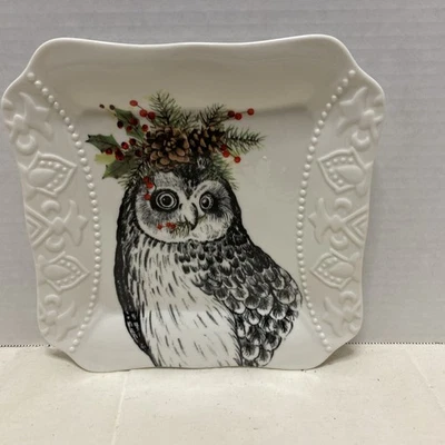 Christmas Owl with Mistletoe Curved Handle Porcelain Square Salad Plate - Image 1 of 4
