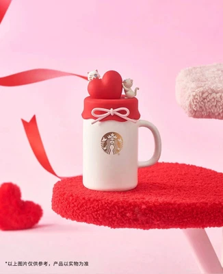 2024 China Starbucks Valentine's Day 14oz Cute Cat Heart Ceramic Mug WIth Lid - Image 1 of 4