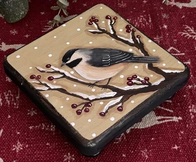 *~* HAND PAINTED CHICKADEE *~* BERRY BRANCHES *~* WINTER *~*  SMALL RISER - Image 1 of 4