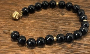 14k YG Black Onyx Bracelet Beads 8” Long 7mm Wide By M Vintage - Picture 1 of 7
