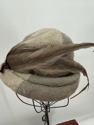 Vtg Christine Original Gray Fedora Hat, Soft Fuzzy Faux Fur Felt Feathers - Image 1 of 4