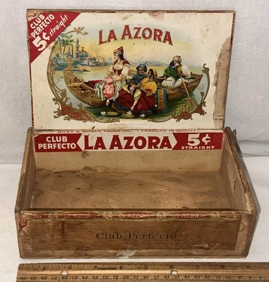 ANTIGUA CAJA DE CIGARROS DE MADERA LA AZORA TABACO BARCO DE LUJO FÁBRICA DE PENNSYLVANIA Foto 1 de 4