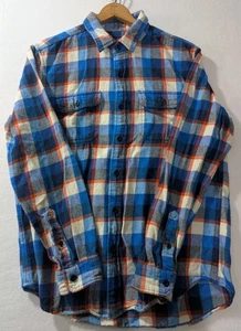 American Eagle Flannel Shirt Men’s L Blue Orange Plaid Long Sleeve Button Front - Picture 1 of 11