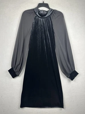 Calvin Klein Velvet Sheath Dress 10-12 Black Chiffon Sheer Sleeve Dark Romantic - Image 1 of 4