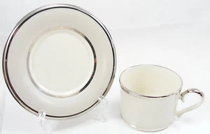 Lenox Ivory Frost Flat Cup Saucer Set Platinum Border Rim Dimension Collection - Picture 1 of 7