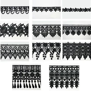 Borde de encaje de Venecia bordado floral negro de 5/8"" a 5-1/8"" de ancho por yarda - Imagen 1 de 13