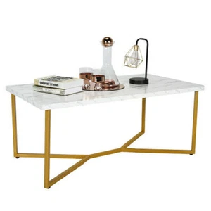 White Faux Marble Coffee Table with Gold Finished Metal Frame - Picture 1 of 5