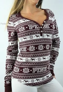 Victoria's Secret PINK Snowflake Thermal Lounge Sleep Henley V Neck Top NWT - Picture 1 of 1
