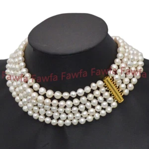 5 Rows 7-8mm Natural White Akoya Freshwater Cultured Pearl Choker Necklace 16" - Picture 1 of 7