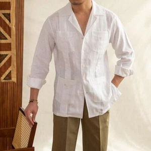 Men Retro Casual Linen Long-sleeved Shirt Cuban Collar White Breathable Tops - Picture 1 of 18