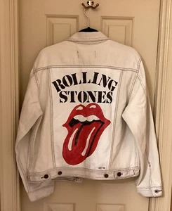 Vintage 1980’s Rolling Stones Hand Painted Cotton Denim Jacket Men’s Size M - Picture 1 of 8